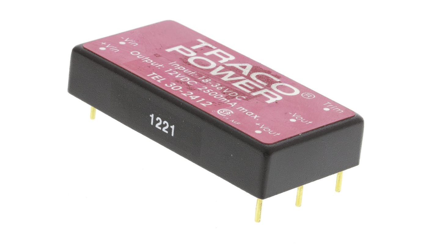 TRACOPOWER TEL 30 DC-DC Converter, 12V dc/ 2.5A Output, 18 → 36 V dc Input, 30W, Through Hole, +71°C Max Temp