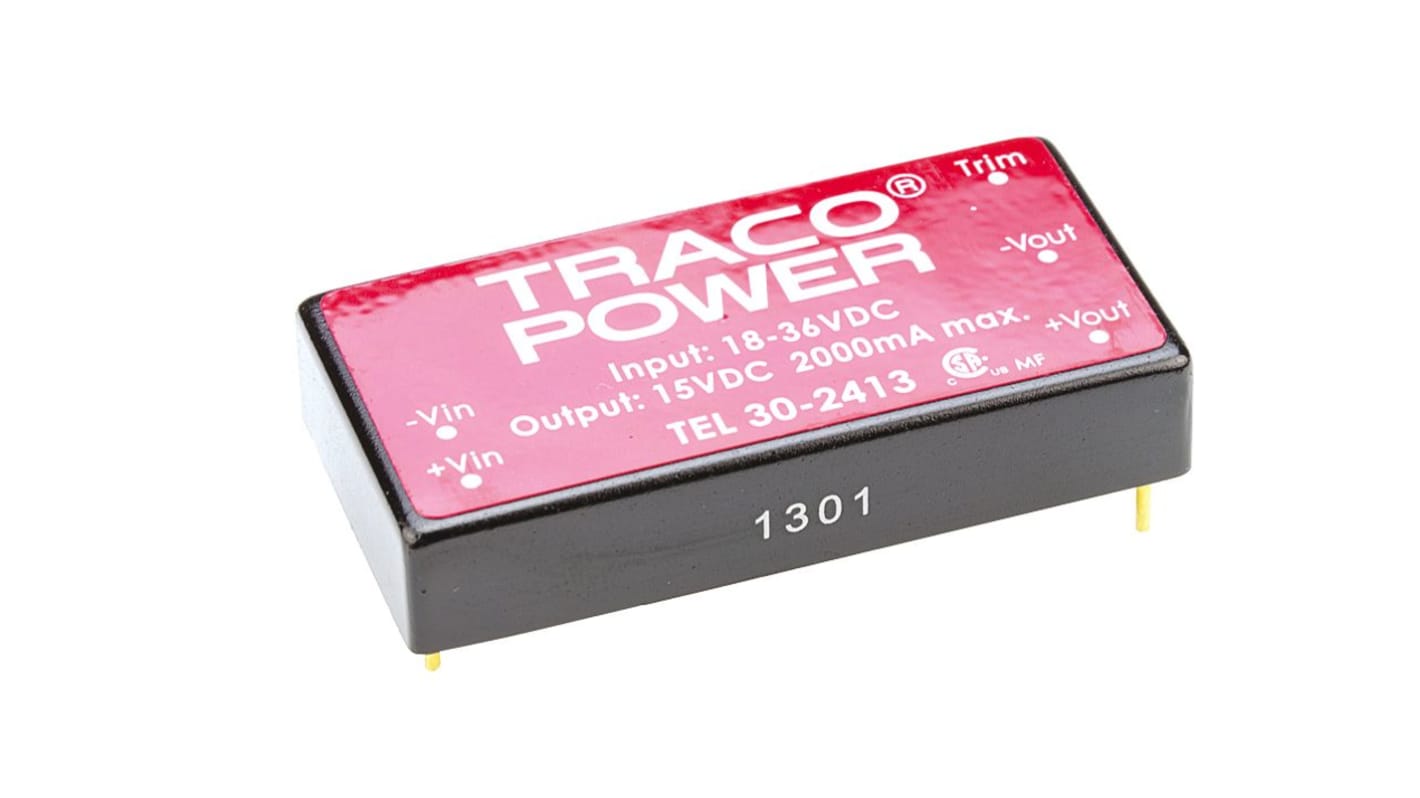 TRACOPOWER TEL 30 DC-DC Converter, 15V dc/ 2A Output, 18 → 36 V dc Input, 30W, Through Hole, +71°C Max Temp