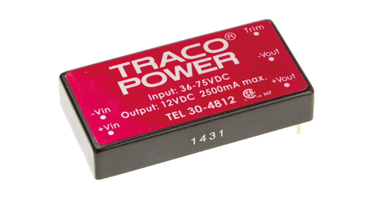 TRACOPOWER TEL 30 DC-DC Converter, 12V dc/ 2.5A Output, 36 → 75 V dc Input, 30W, Through Hole, +71°C Max Temp