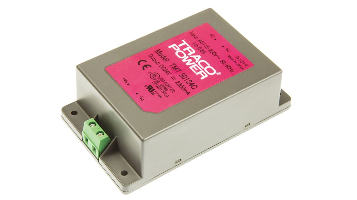 TRACOPOWER Switching Power Supply, TMT 50124C, 24V dc, 2.3A, 50W, 1 Output, 85 → 264 V ac, 85 → 370 V dc