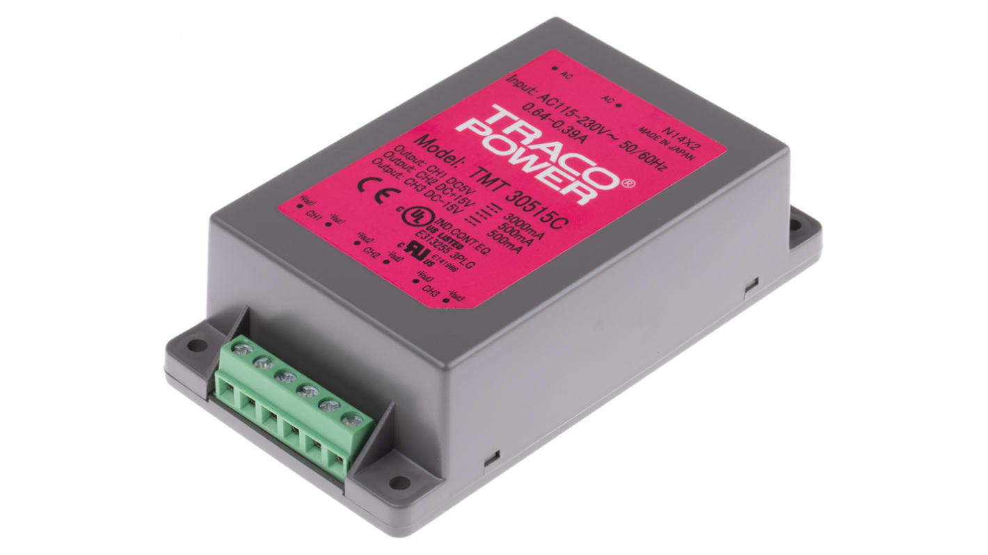 TRACOPOWER Embedded Switch Mode Power Supply SMPS, TMT 30515C, 5/±15V dc, 3 A, 500 mA, 30W, Triple Output, 85 →