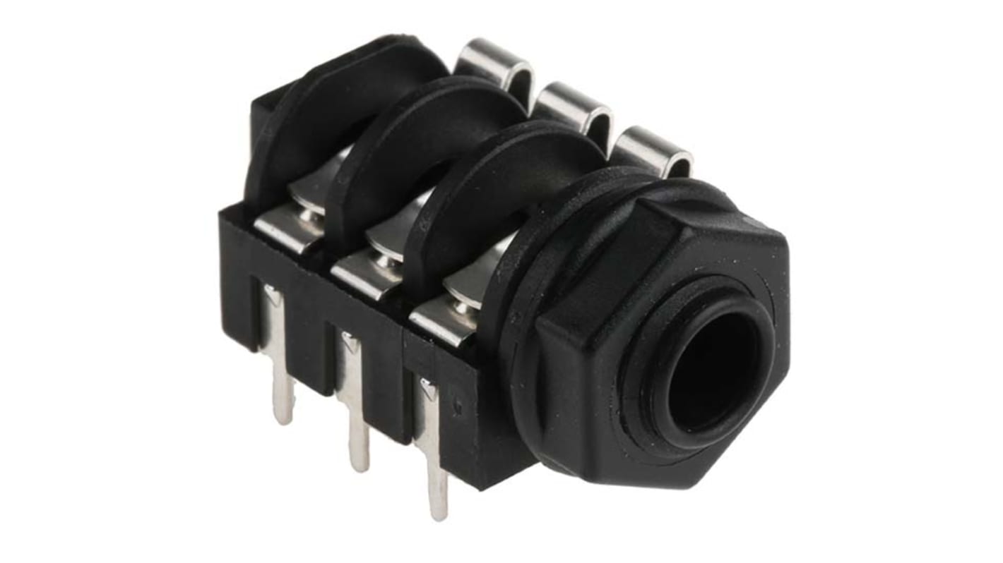 RS PRO, Lige 6.35 mm Jack-konnektor, Stereo, Hun, 3Pol, 50 V, 3A, Hulmontering Stereo