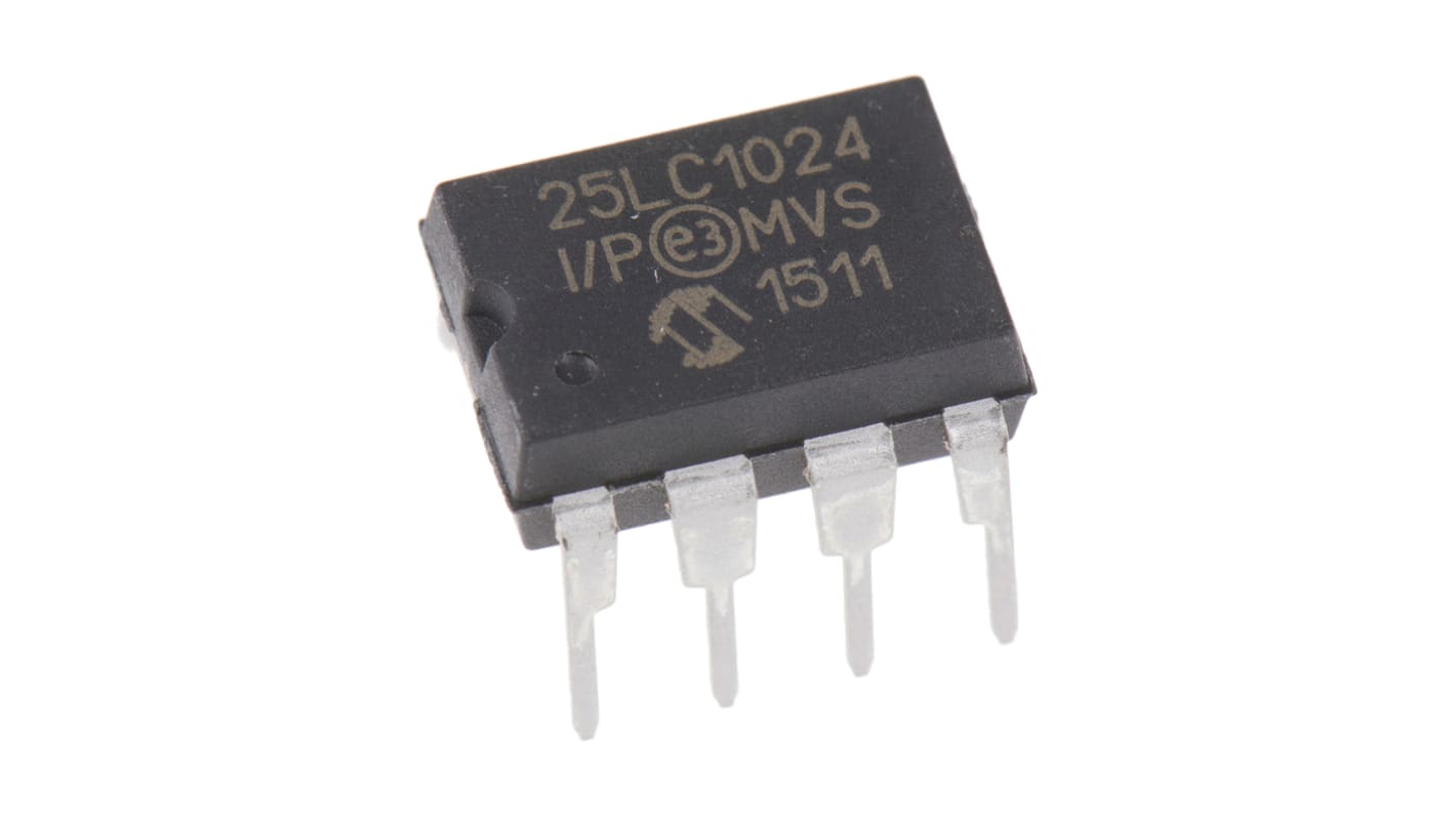 AEC-Q100 Memoria EEPROM serie 25LC1024-I/P Microchip, 1Mbit, 128 x, 8bit, Serie SPI, 50ns, 8 pines PDIP
