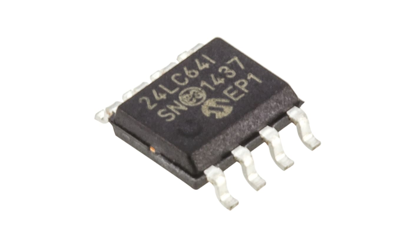 AEC-Q100 Soros EEPROM memória 24LC64-I/SN 64kbit, 8k x, 8bit Soros i2C, 900ns, 8-tüskés SOIC