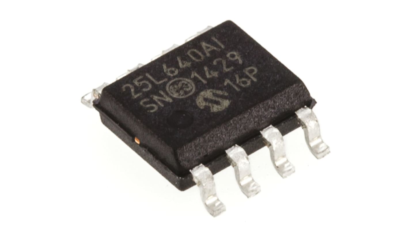 AEC-Q100 Memoria EEPROM serie 25LC640A-I/SN Microchip, 64kbit, 8k x, 8bit, Serie SPI, 100ns, 8 pines SOIC