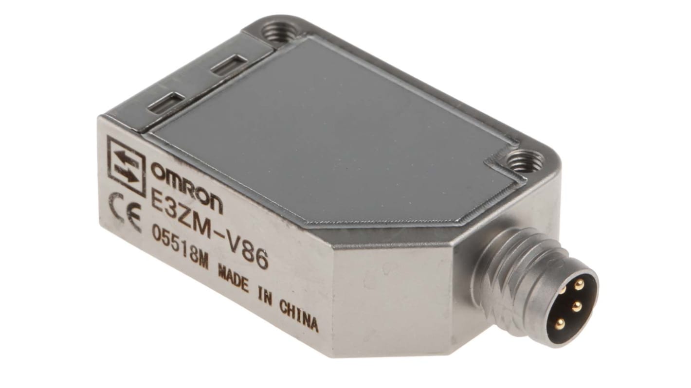 Fotocélula rectangular Omron, Sistema Difuso, alcance 12 mm, salida PNP, Conector de M8 4 clavijas, IP69K