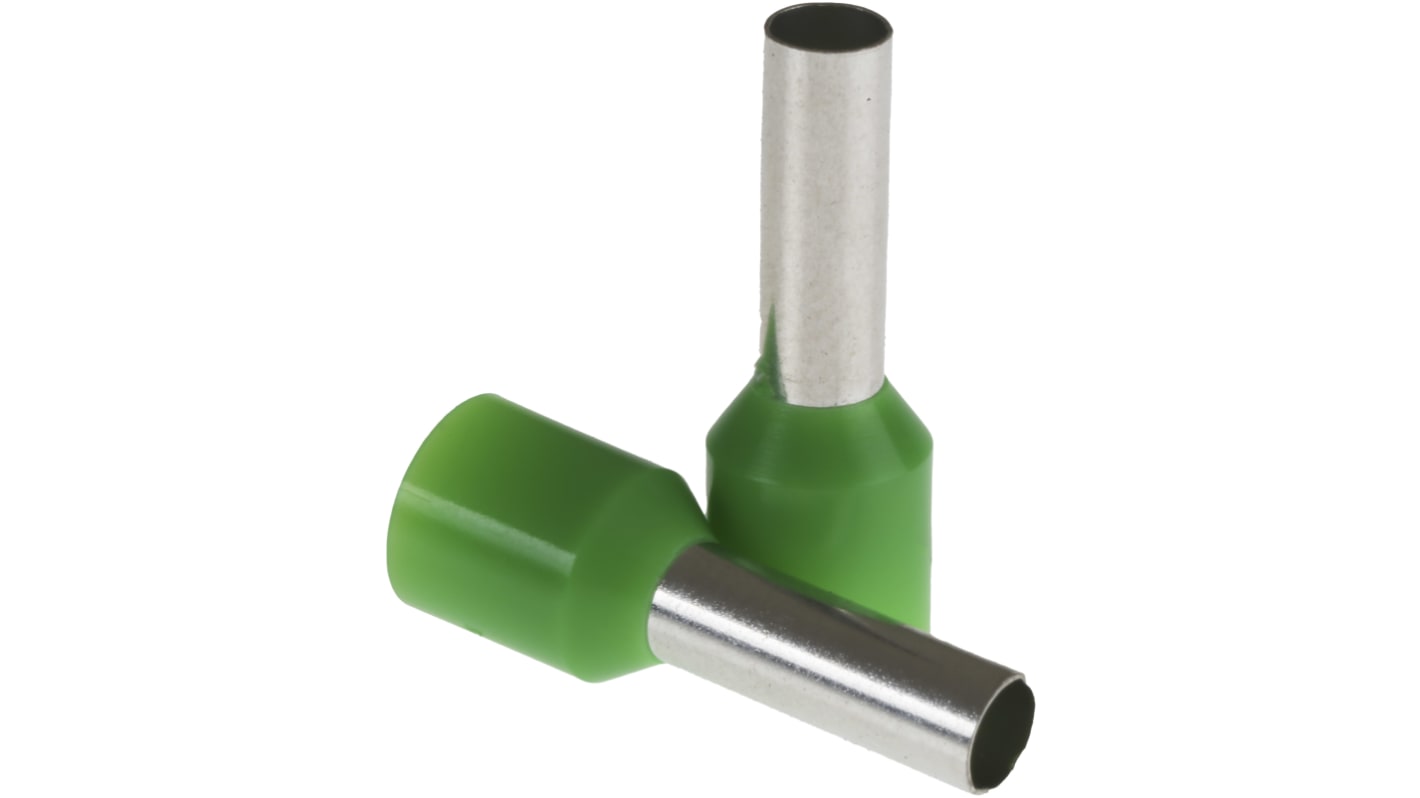 RS PRO Insulated Crimp Bootlace Ferrule, 12mm Pin Length, 3.9mm Pin Diameter, 6mm² Wire Size, Green