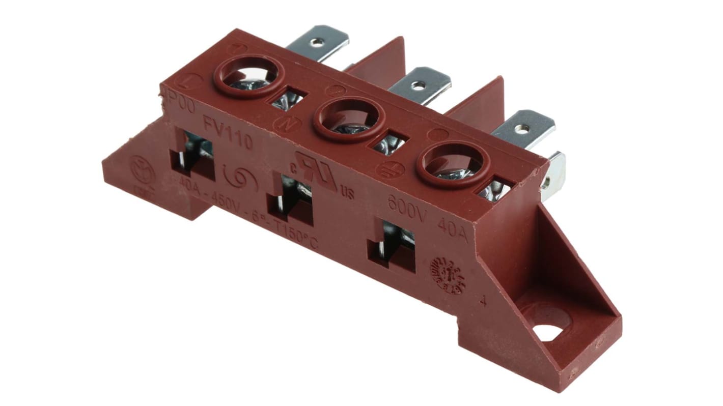 RS PRO NonFused Terminal Block, 3Way, 40A, 22 → 8 AWG Wire, Screw Down Termination RS