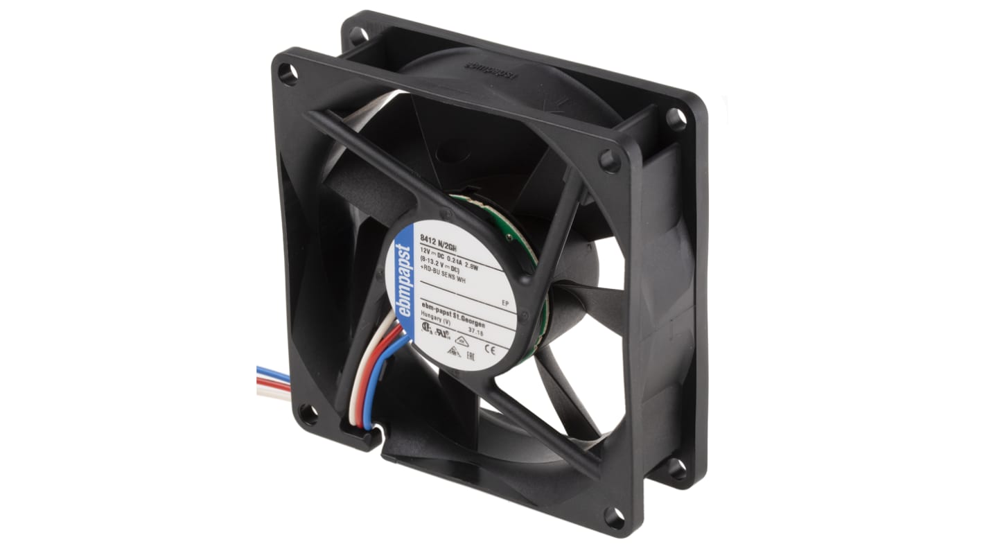 Ventilador Axial ebm-papst 8400 N de 80 x 80 x 25mm, 12 V dc, 2.8W, 3600rpm, caudal 79m³/h, 37dB, salida Tacómetro