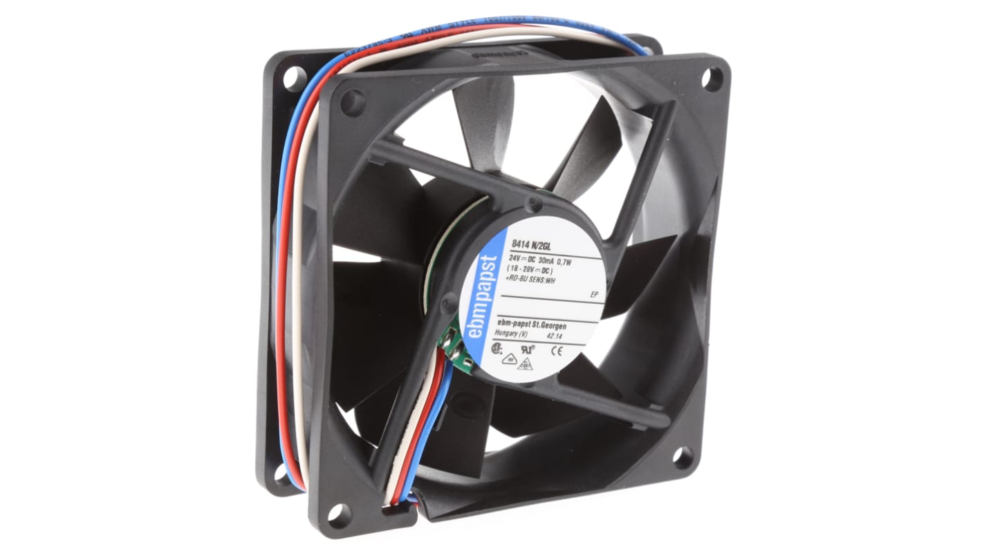 Ventilador Axial ebm-papst 8400 N de 80 x 80 x 25mm, 24 V dc, 700mW, 1500rpm, caudal 33m³/h, 12dB, salida Tacómetro