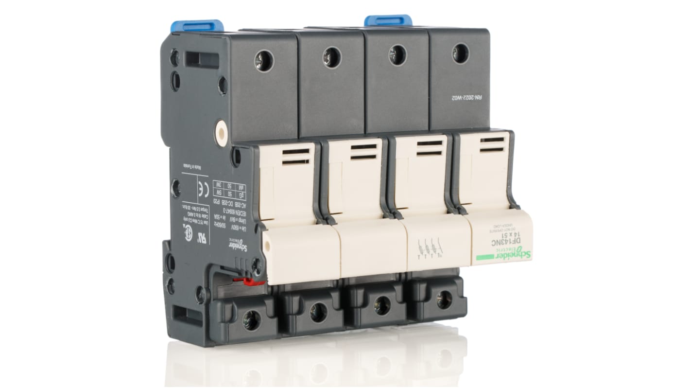 Portafusibles para montaje en carril Schneider Electric 50A para 14 x 51mm 3P+N Polos 690V ac