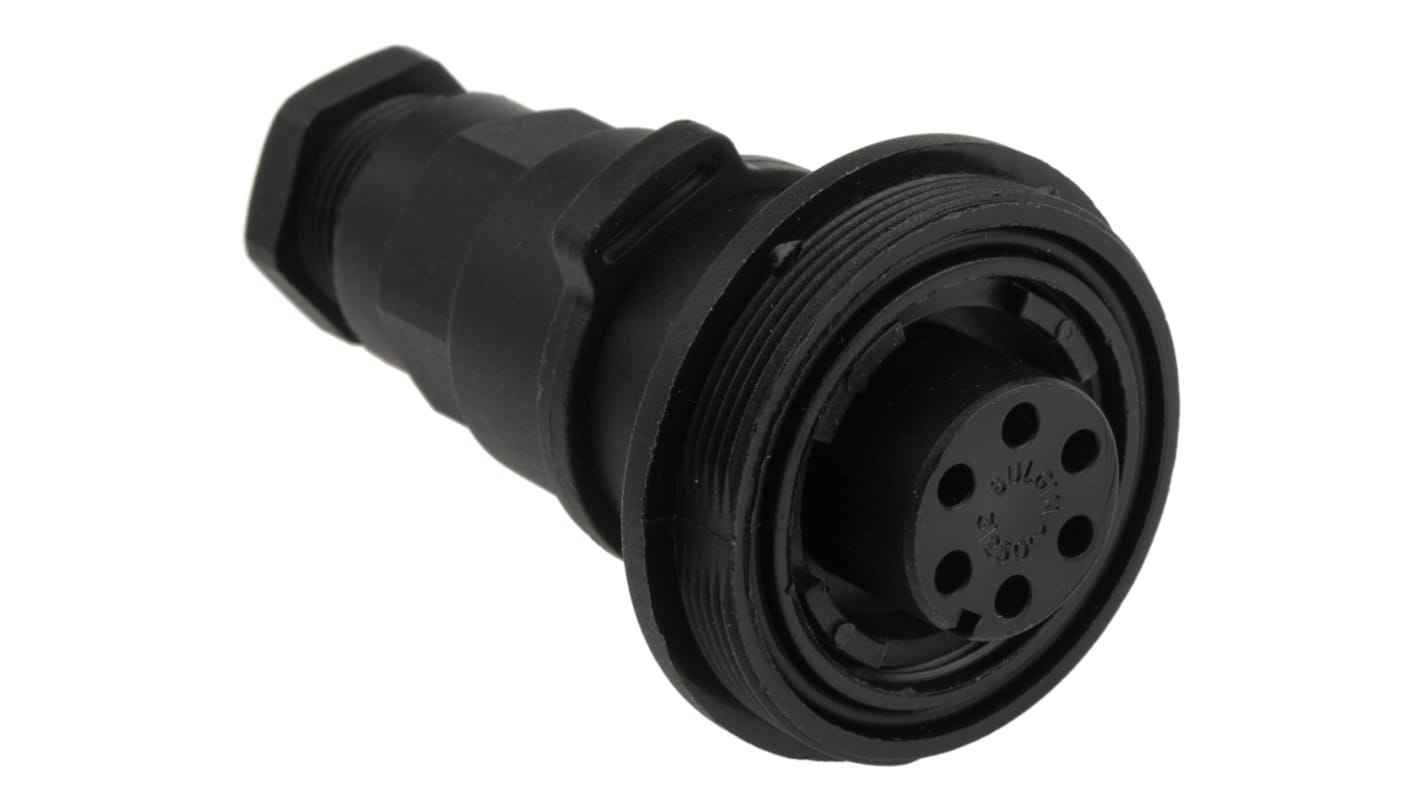 Conector circular Bulgin hembra serie Standard Buccaneer de 6 vías hembra, tamaño carcasa 38, En línea, IP68