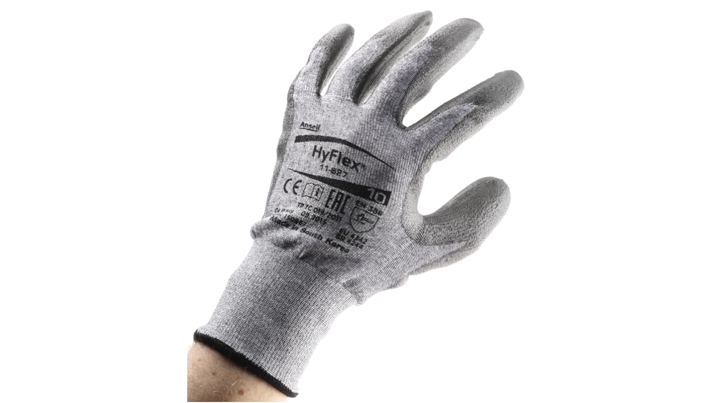 Ansell Hyflex Grey Dyneema Cut Resistant Work Gloves, Size 10, Large, Polyurethane Coating