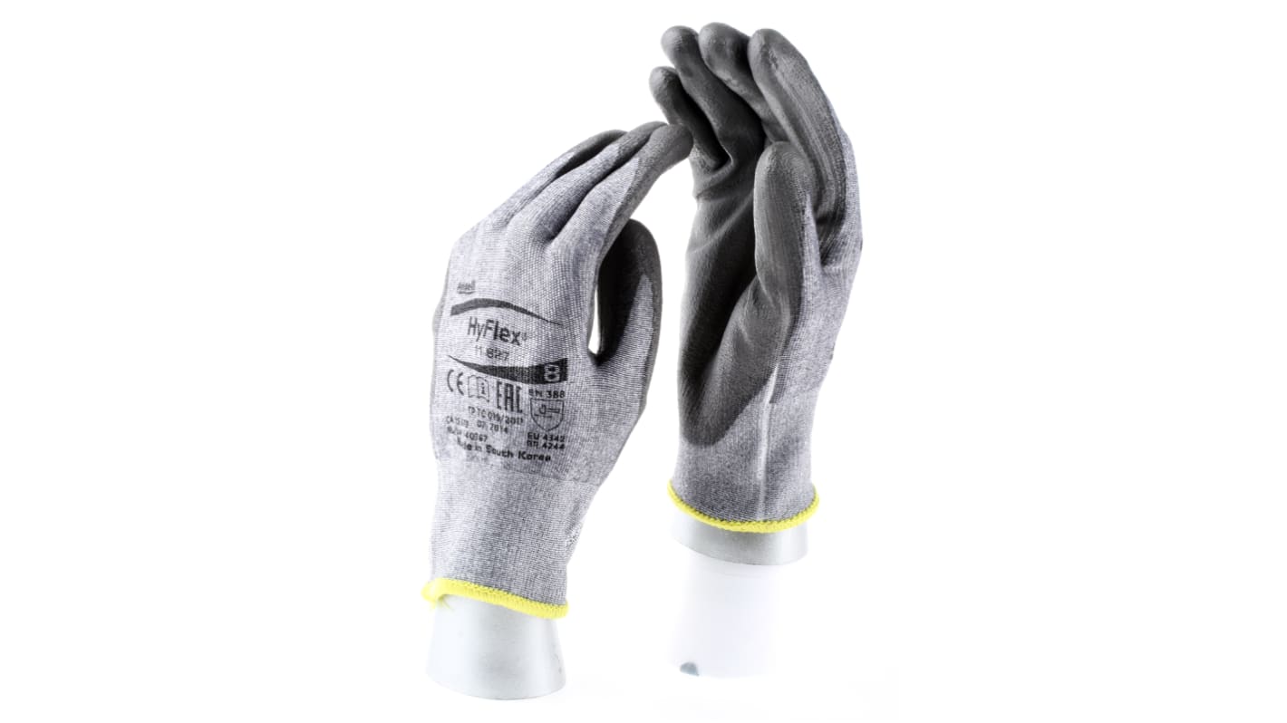 Ansell Hyflex Grey Dyneema Cut Resistant Work Gloves, Size 8, Medium, Polyurethane Coating