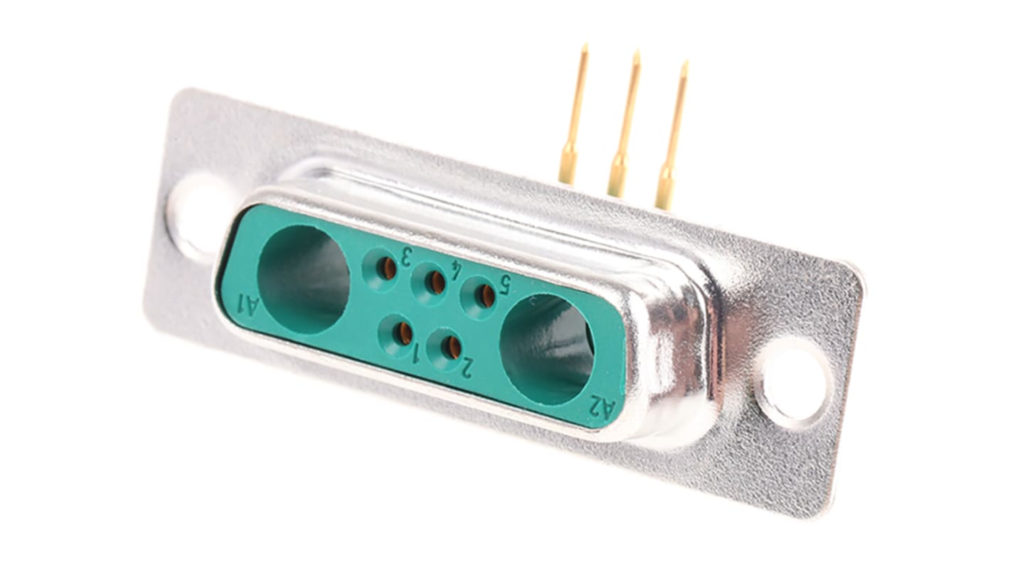 Hybridní konektor PCB D-Sub, počet kontaktů: 2 (Power/Coax), 5 (Signal), orientace těla: Pravý úhel, Průchozí otvor,