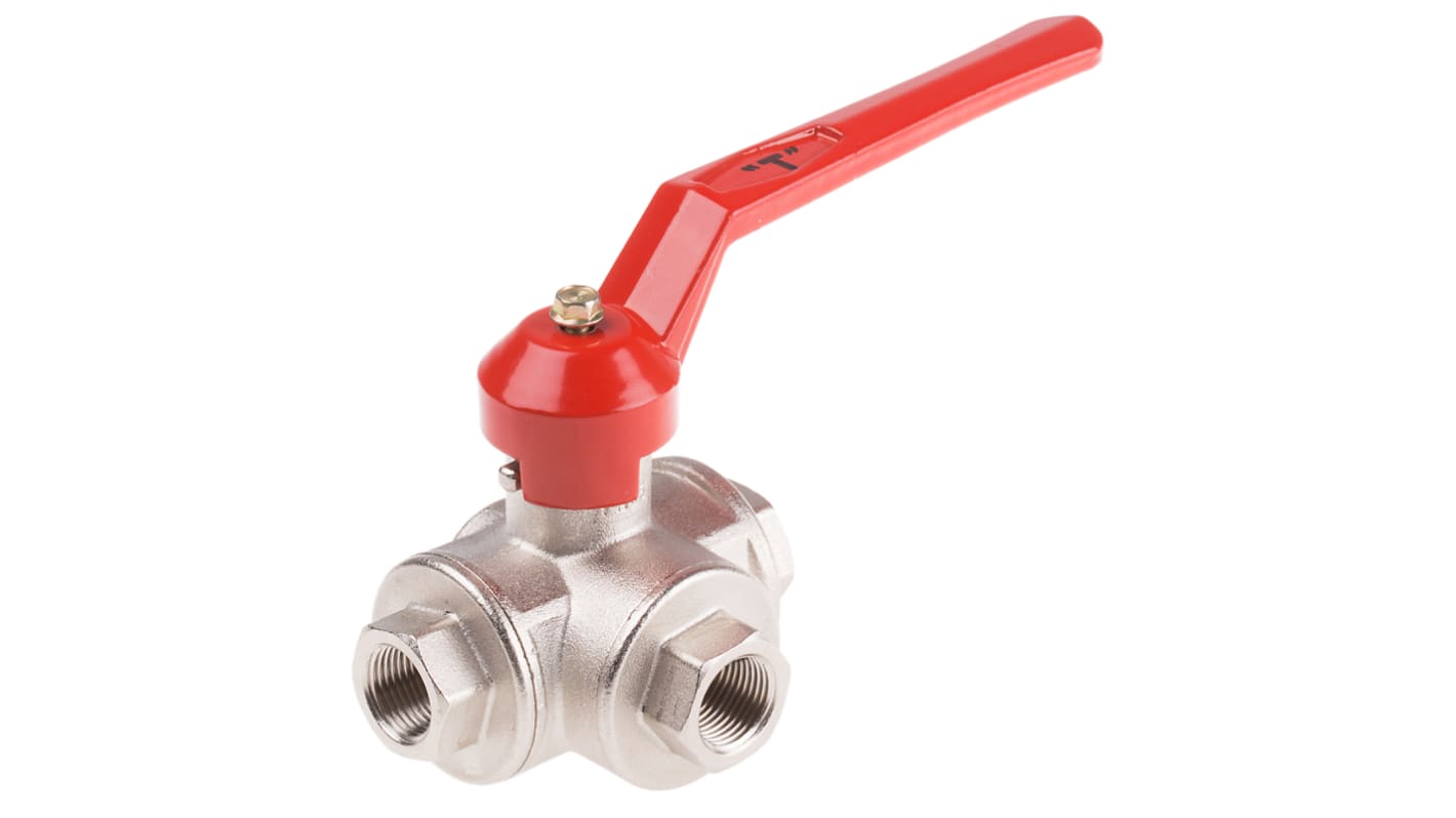 RS PRO Brass Reduced Bore, 3 Way, Ball Valve, BSPP 3/8in, 40bar Operating Pressure