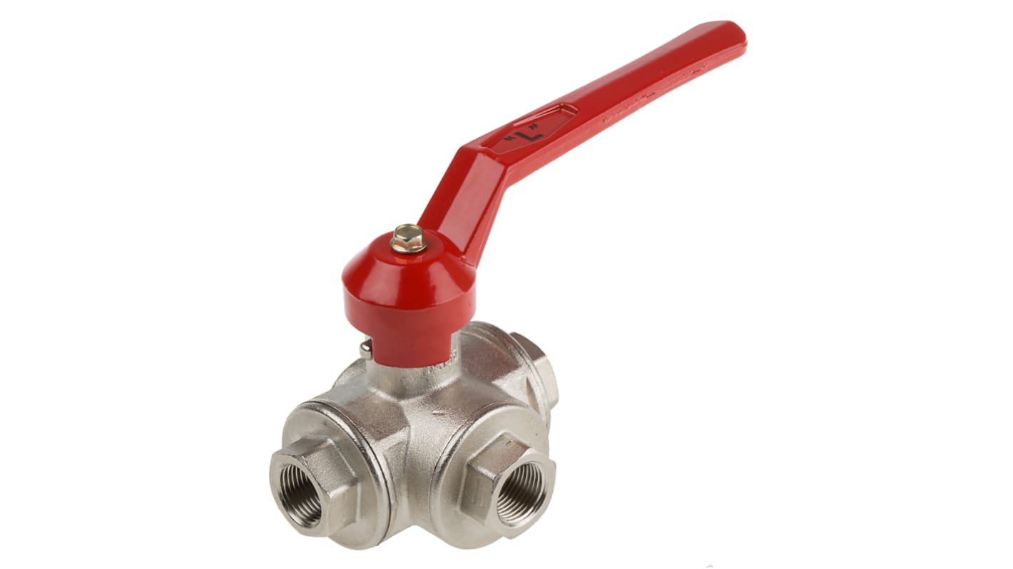 RS PRO Brass Reduced Bore, 3 Way, Ball Valve, BSPP 3/8in, 25bar Operating Pressure