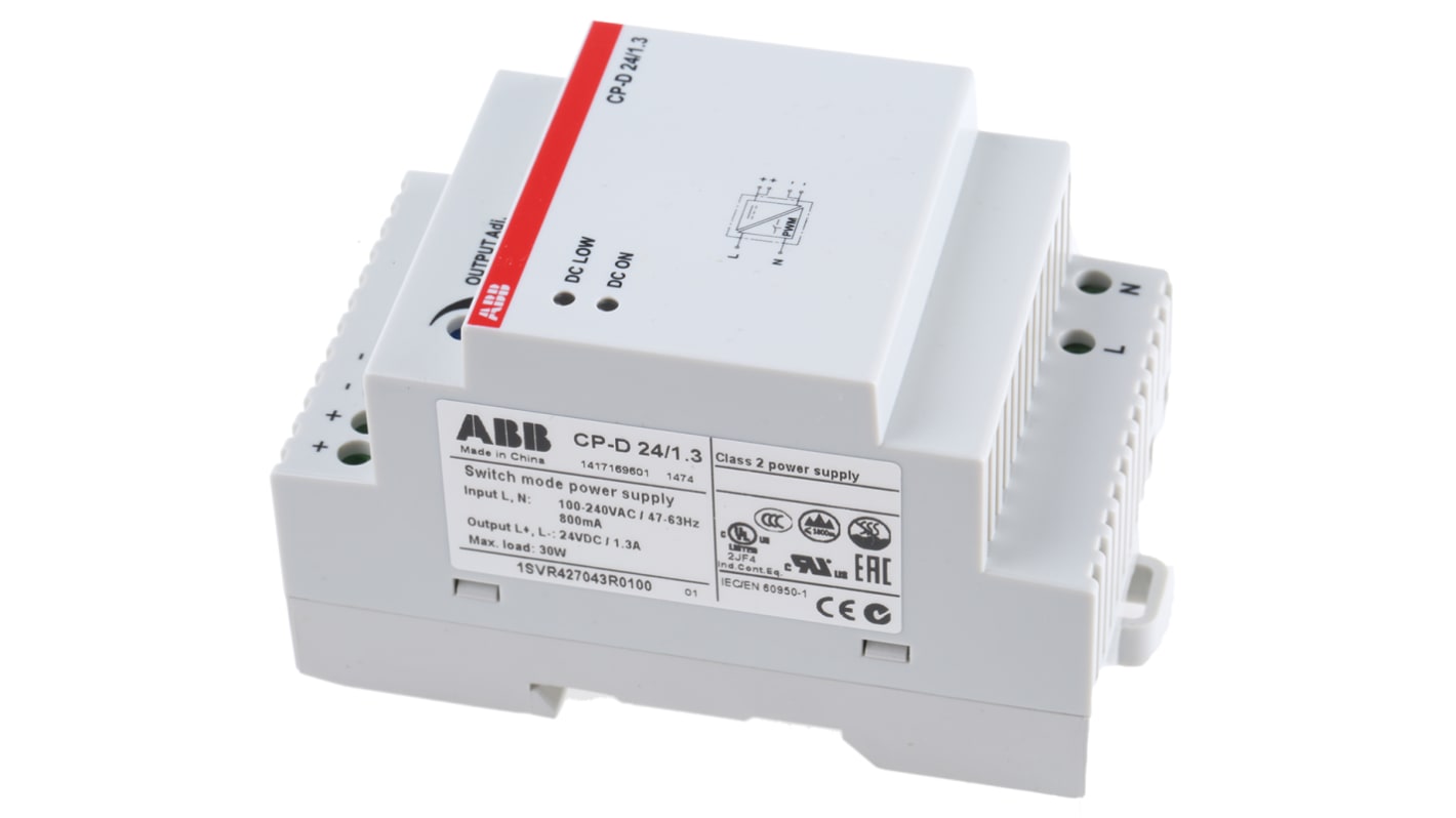 Alimentatore a montaggio su guida DIN ABB, 24V cc, 1.3A, 90 → 264 V ac / 120 → 370V cc, 30W