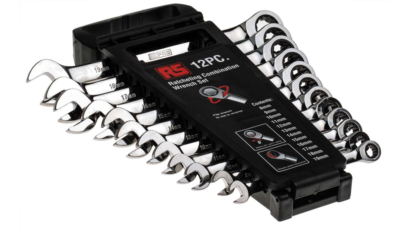 RS PRO 12-Piece Ratchet Spanner Set, 8 → 19 mm, Chrome Vanadium Steel