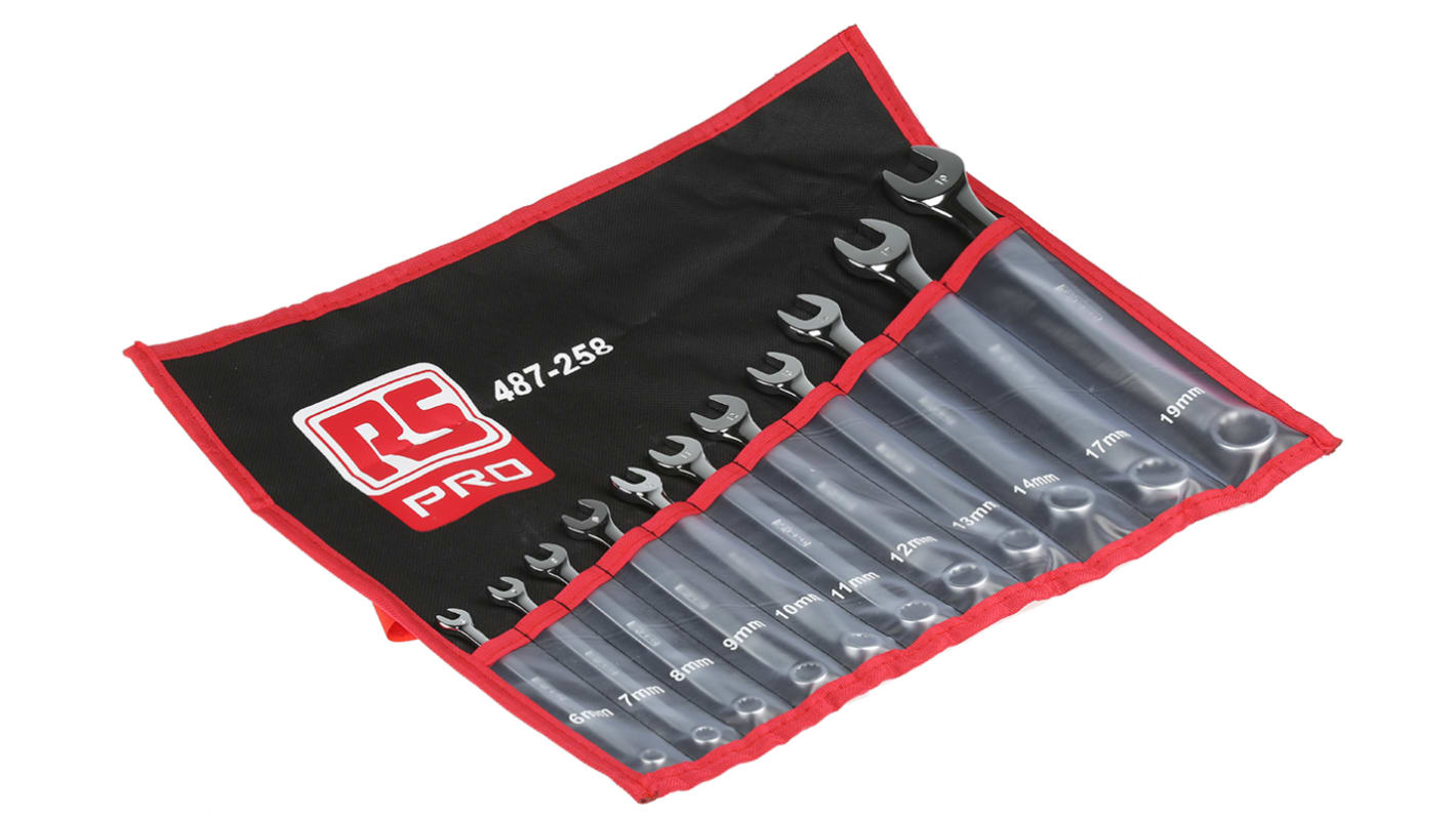 RS PRO 11-Piece Spanner Set, 6 → 19 mm, 6 → 19 mm, Chrome Vanadium Steel