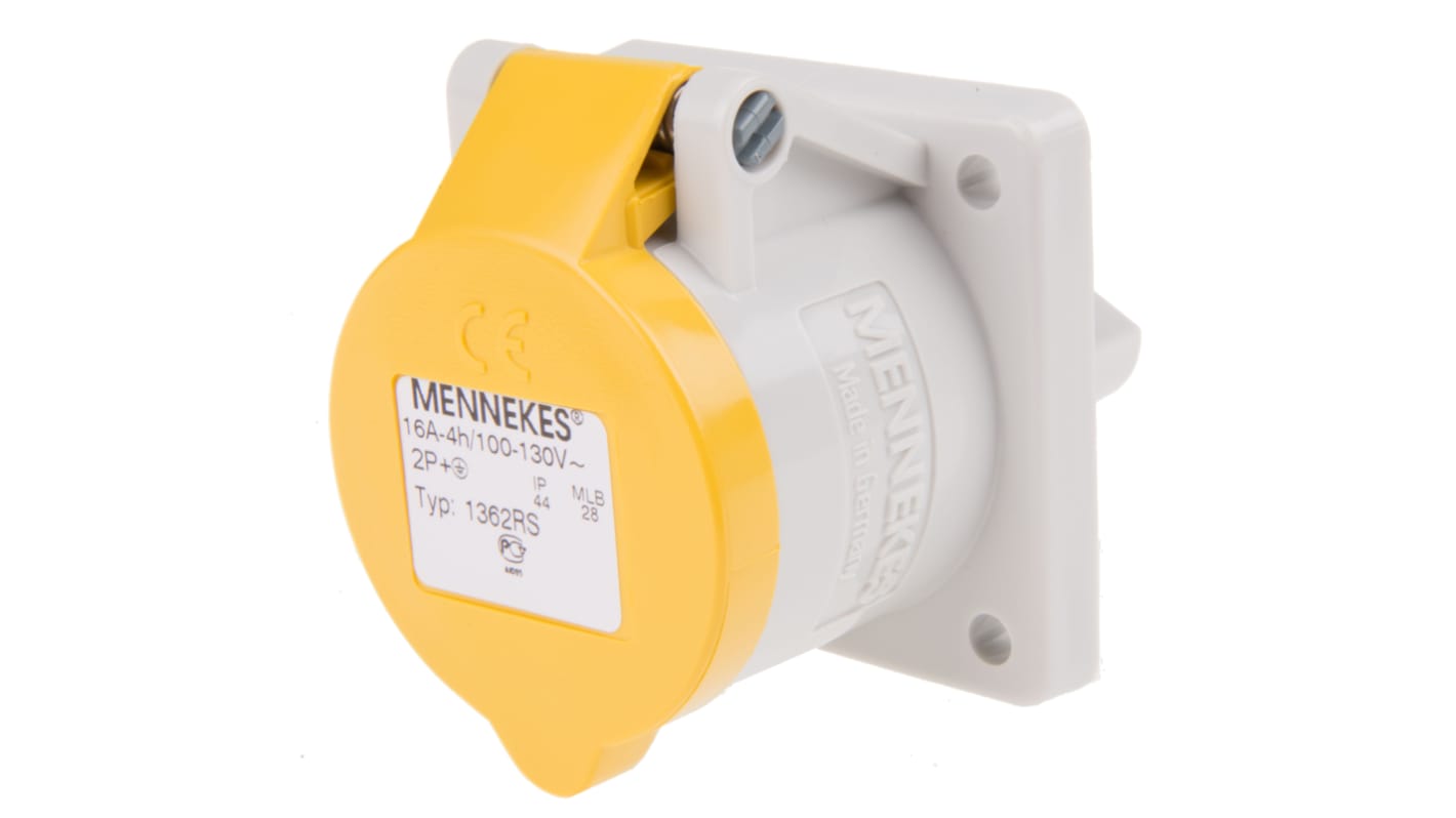 MENNEKES IP44 Yellow Panel Mount 3P Industrial Power Socket, Rated At 16A, 110 V