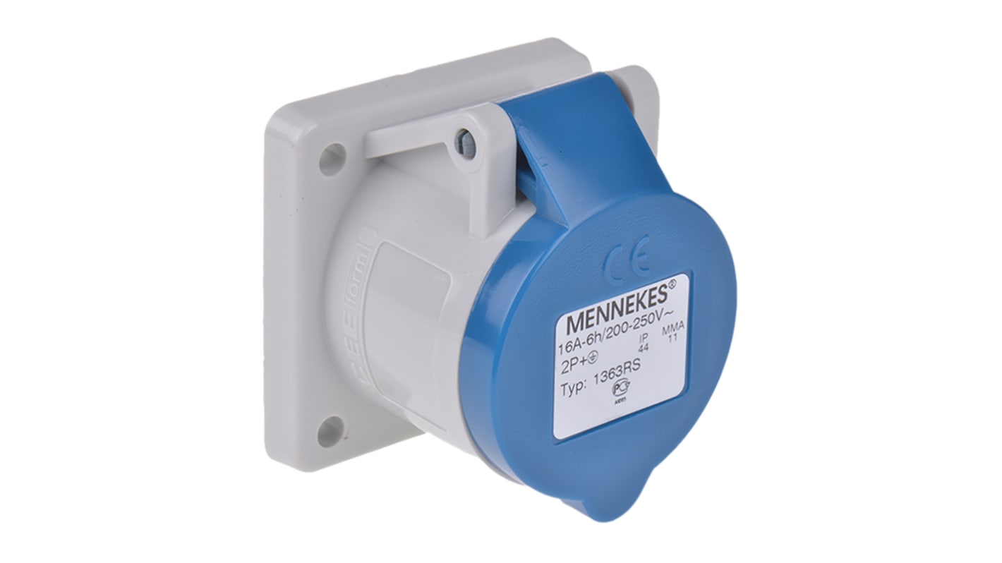 Conector de potencia industrial Hembra, Formato 3P, Orientación Recto, Azul, 230 V, 16A, IP44