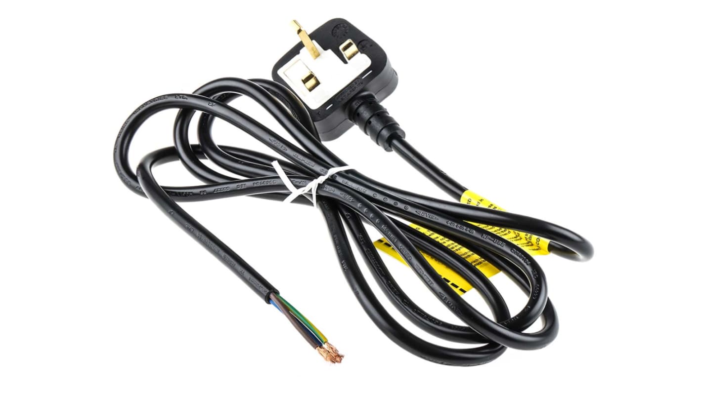 Napájecí kabel 2m, Černá, A: Bez koncovky, B: Zástrčka pro Velkou Británii typu G, 5 A, 250 V RS PRO 0,75 mm²