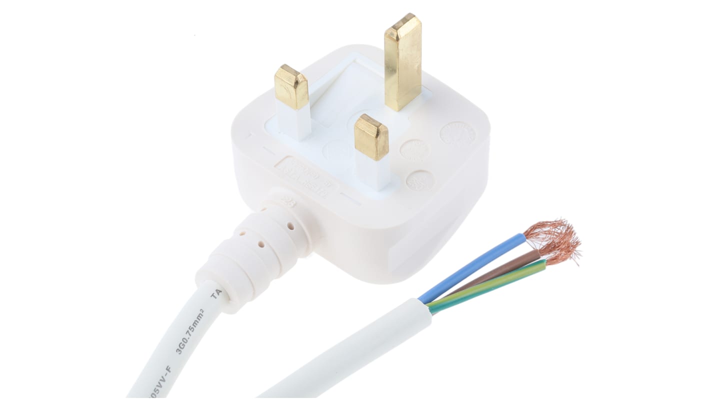 Cable de alimentación RS PRO Blanco de 2m, con. A Sin terminación, con. B Conector macho para Reino Unido tipo G,