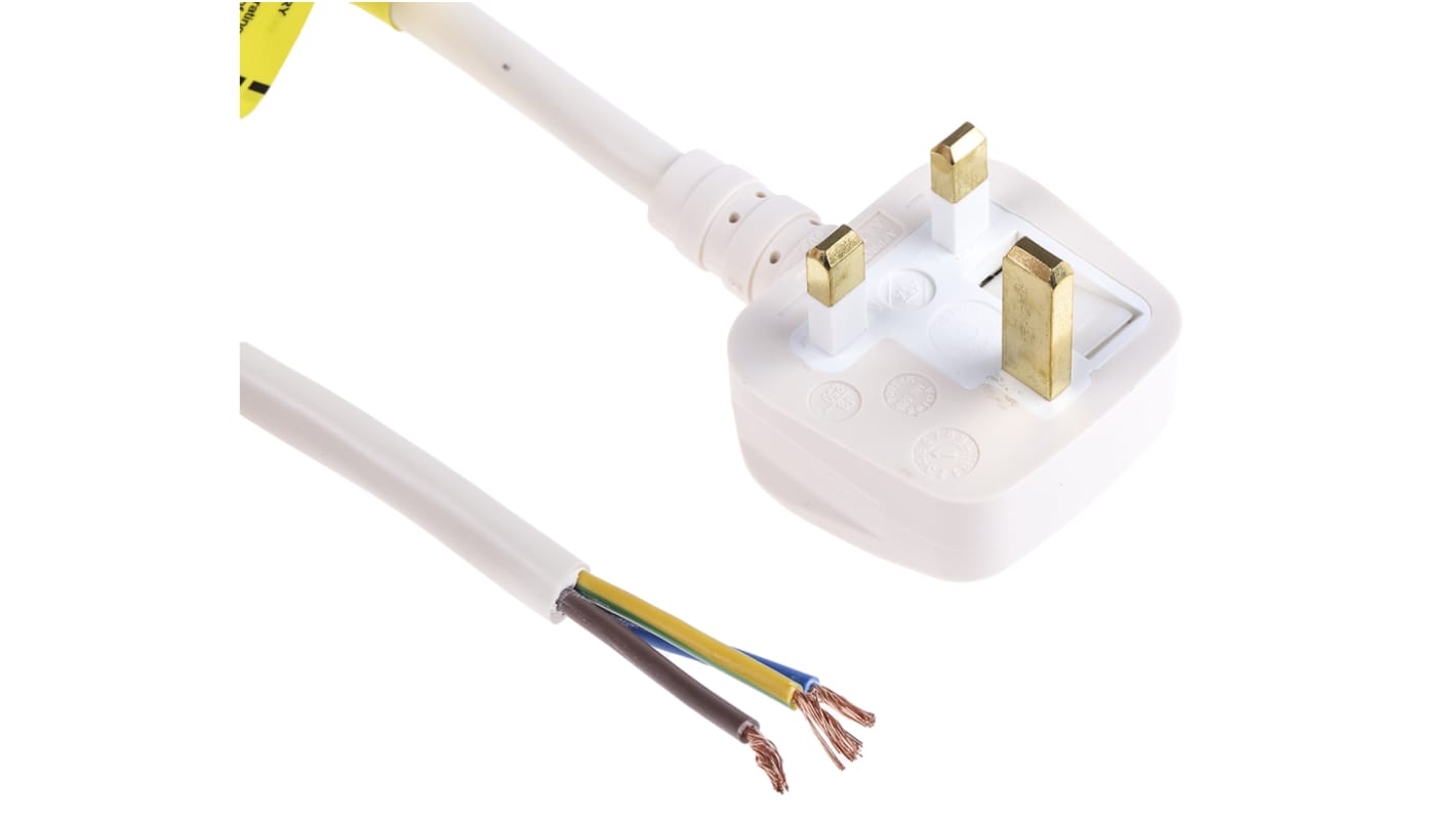 Cable de alimentación RS PRO Blanco de 2m, con. A Sin terminación, con. B Conector macho para Reino Unido tipo G,