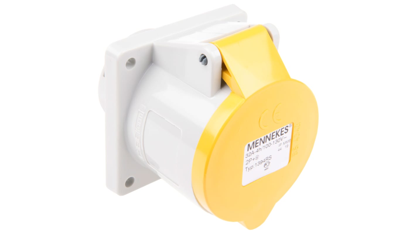 MENNEKES IP44 Yellow Panel Mount 3P Industrial Power Socket, Rated At 32A, 110 V