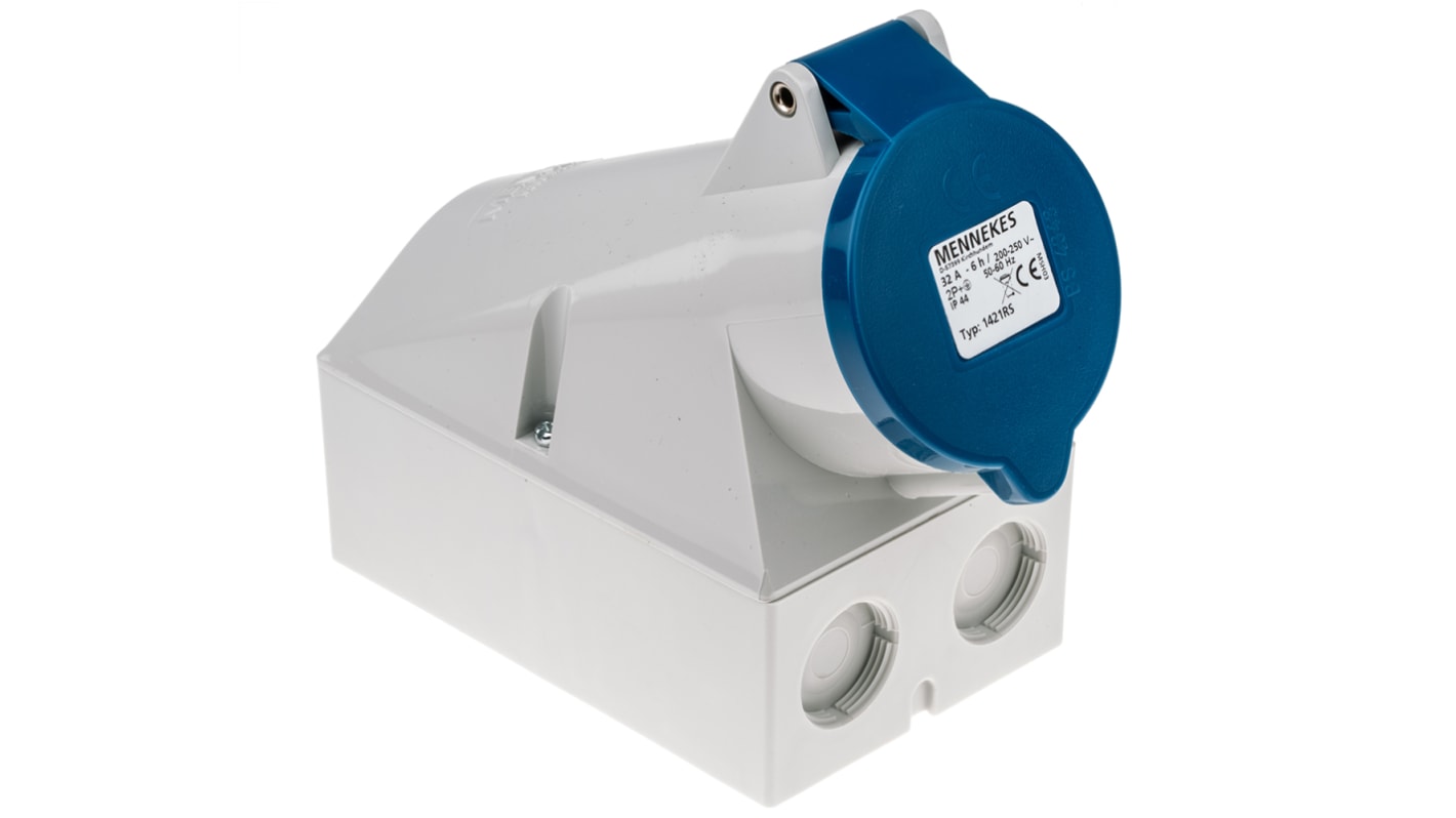 MENNEKES IP44 Blue Wall Mount 3P Right Angle Socket, Rated At 32A, 230 V