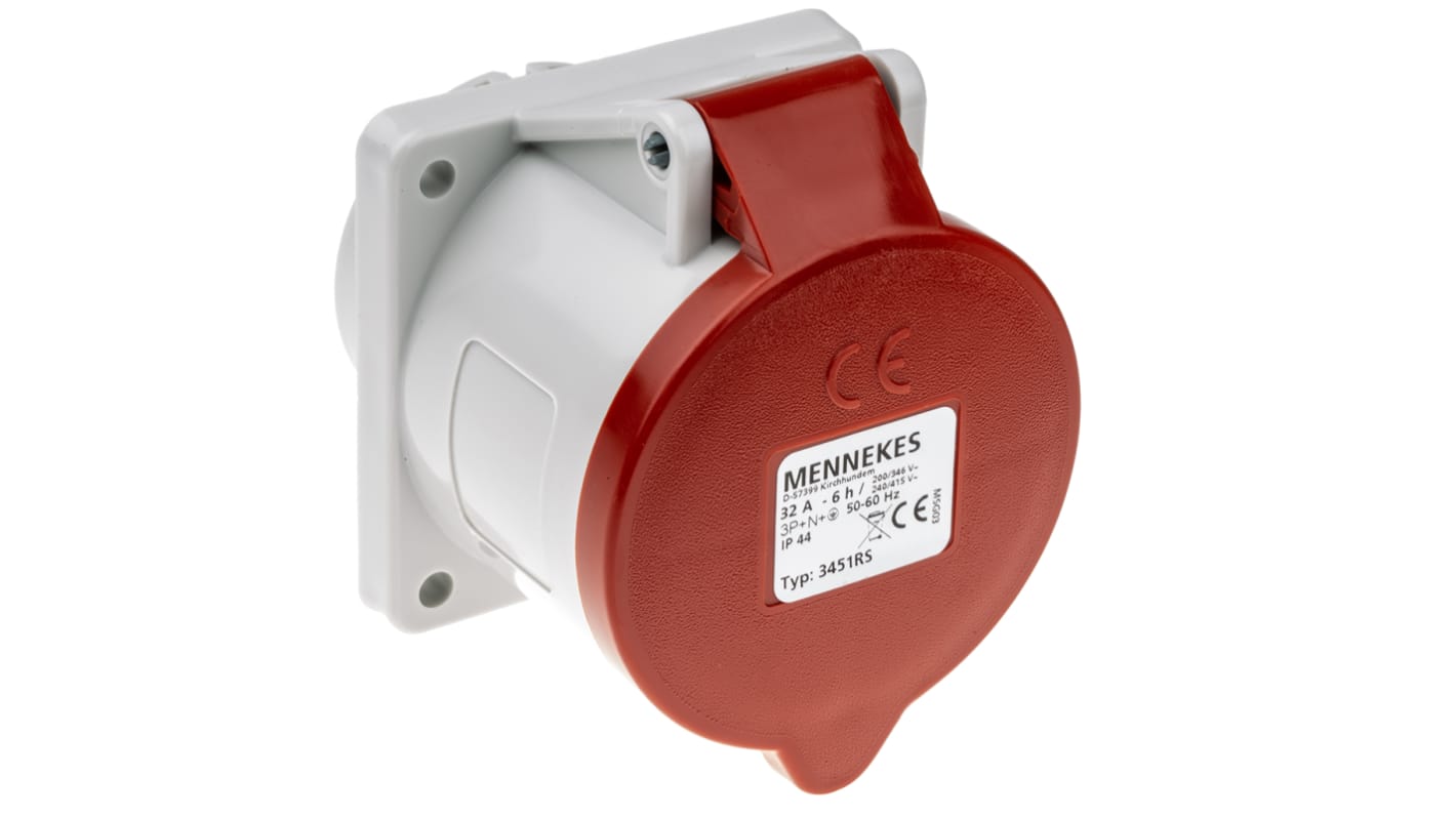 Conector de potencia industrial Hembra, Formato 5P, Orientación Recto, Rojo, 400 V, 32A, IP44