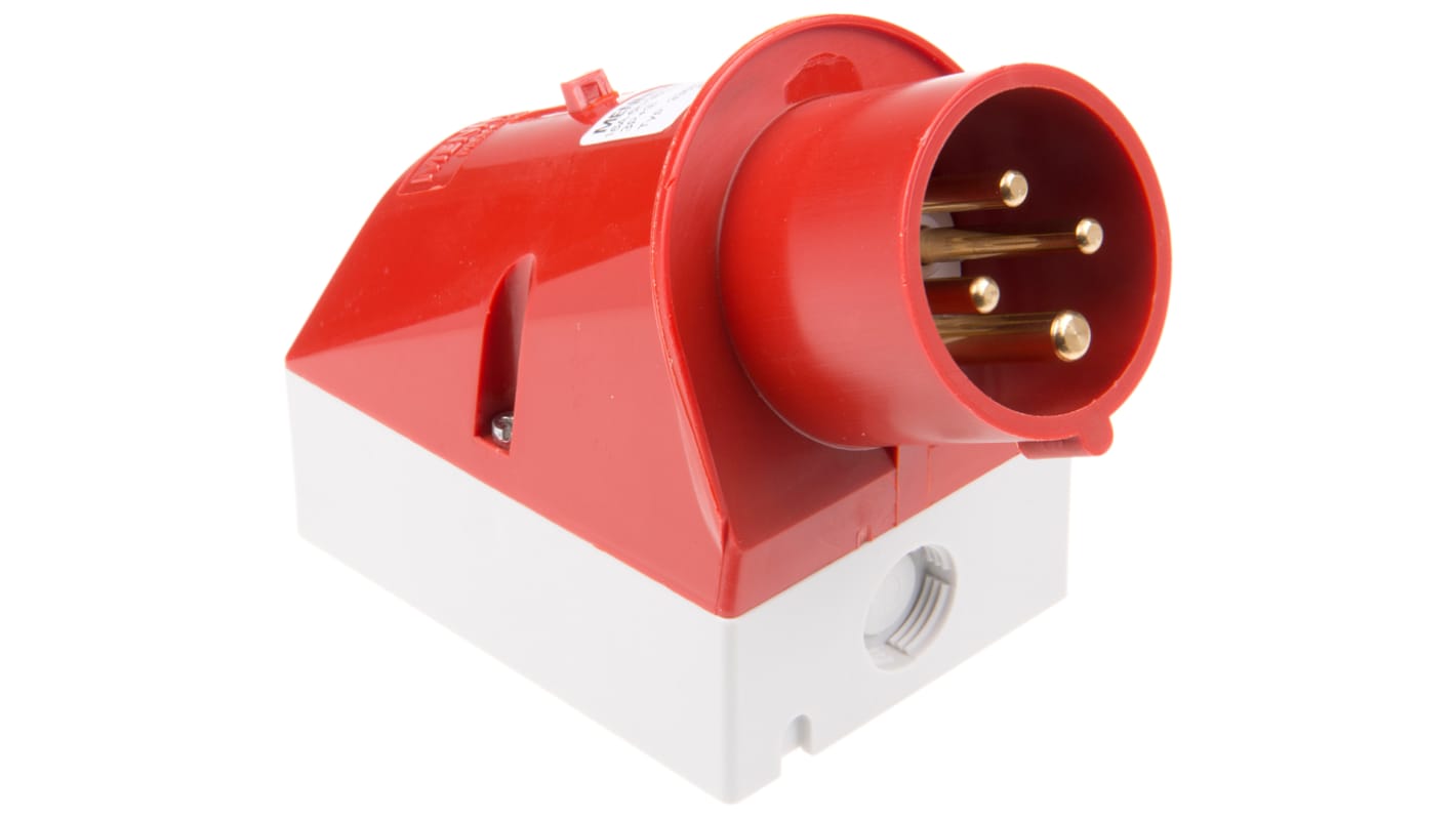 Conector de potencia industrial Macho, Formato 4P, Orientación 25 °, Rojo, 400 V, 16A, IP44