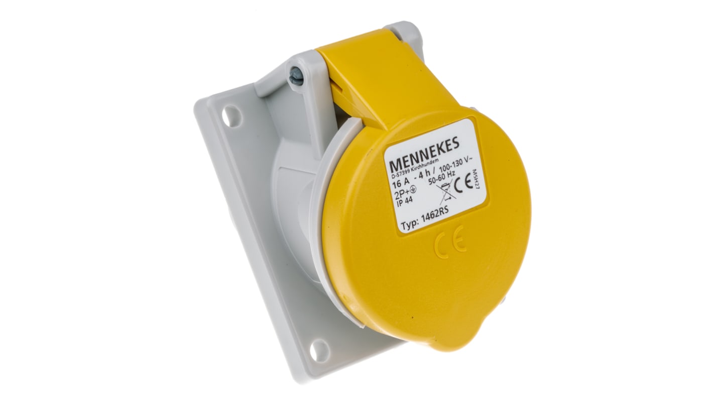 MENNEKES IP44 Yellow Panel Mount 3P Angled Industrial Power Socket, Rated At 16A, 110 V