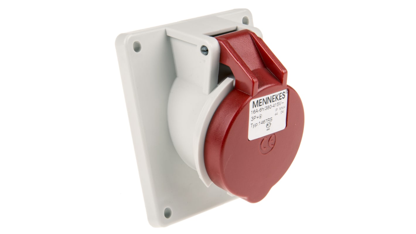 Conector de potencia industrial Hembra, Formato 4P, Orientación En Ángulo, Rojo, 400 V, 16A, IP44