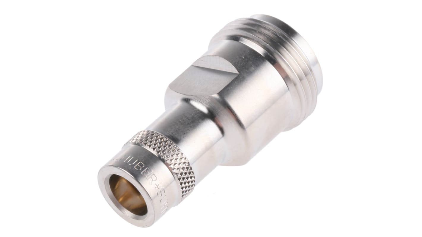 Adaptador de RF Huber+Suhner 33_SMA-N-Q50-4/1-3_NE 50Ω, Macho Recta SMA a Hembra N, 18GHz Normal Bronce blanco