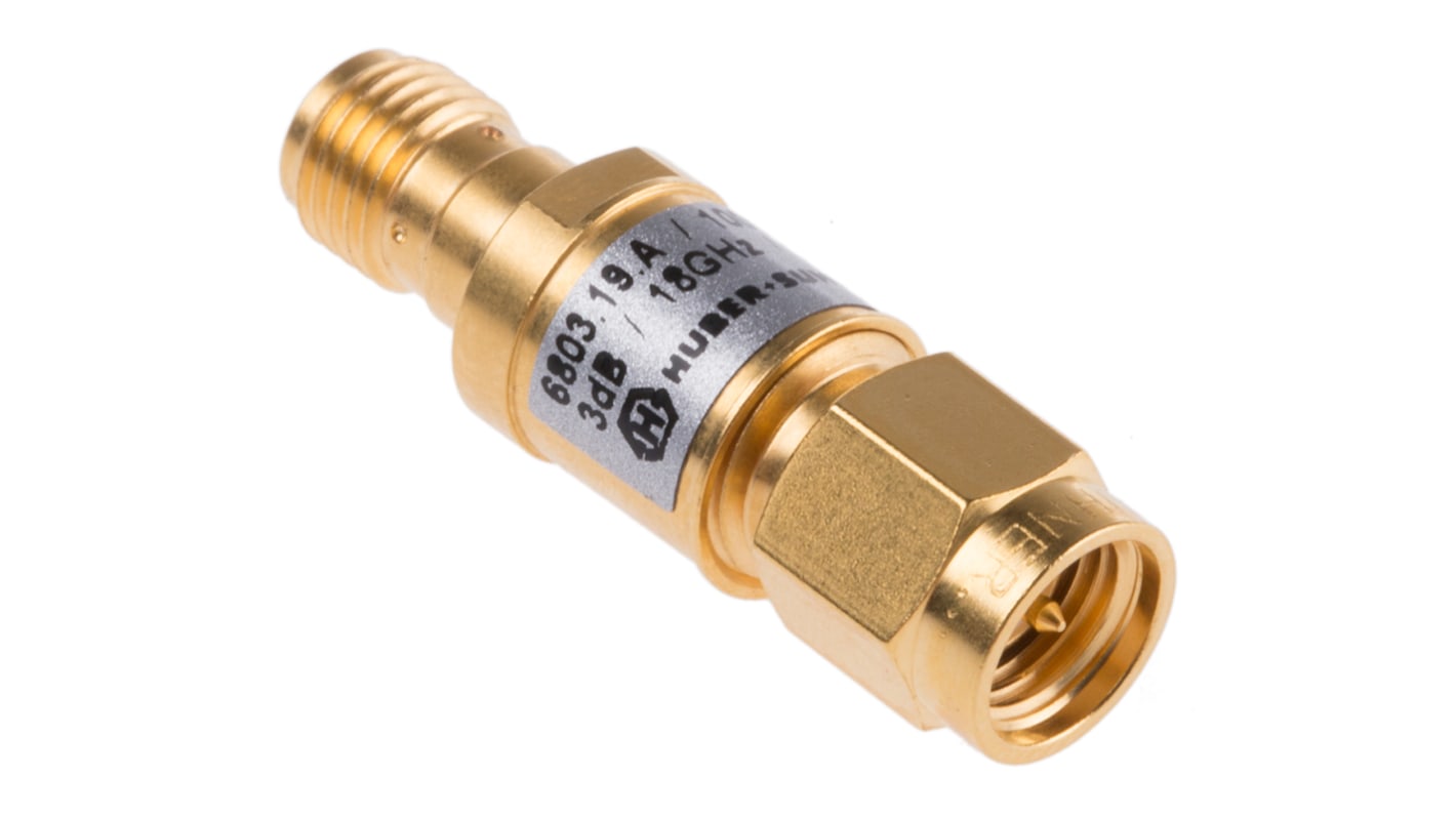 Atenuador de RF Huber+Suhner 6803.19.A, 50Ω, Conector macho a conector hembra SMA 3dB, DC → 18GHz