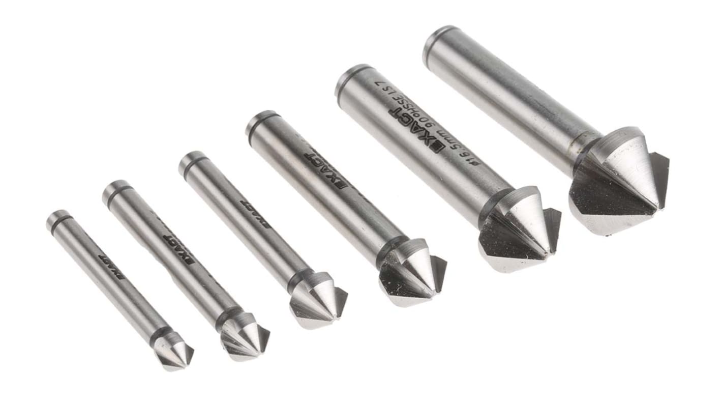 EXACT HSS-E Countersink Drill Bit Set, 6.3 mm, 8.3 mm, 10.4 mm, 12.4 mm, 16.5 mm, 20.5 mm Head, 3 Flute(s), 90°, 6