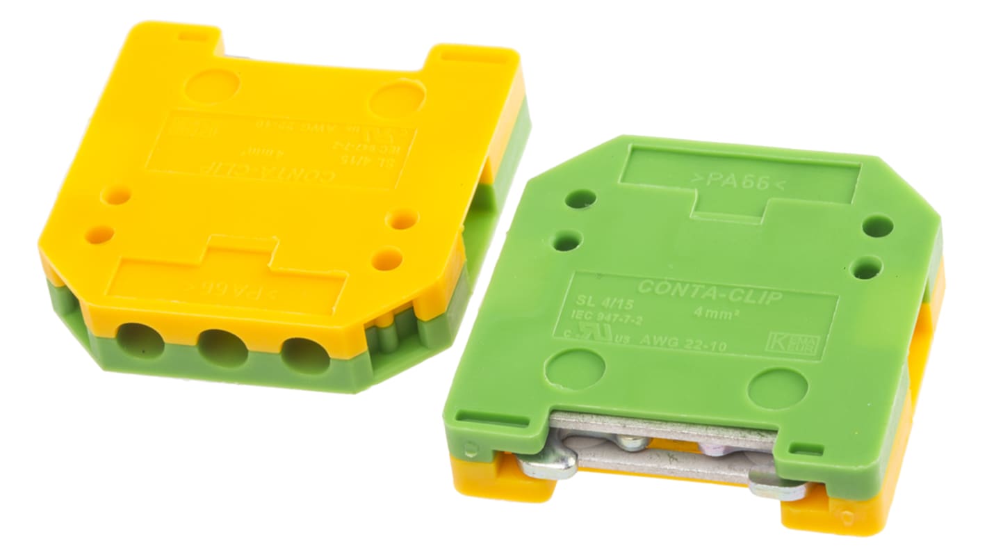 RS PRO 2-Way Earth Terminal Block, 4mm², 0.2 → 4 AWG Wire, Screw Down, Nylon Housing