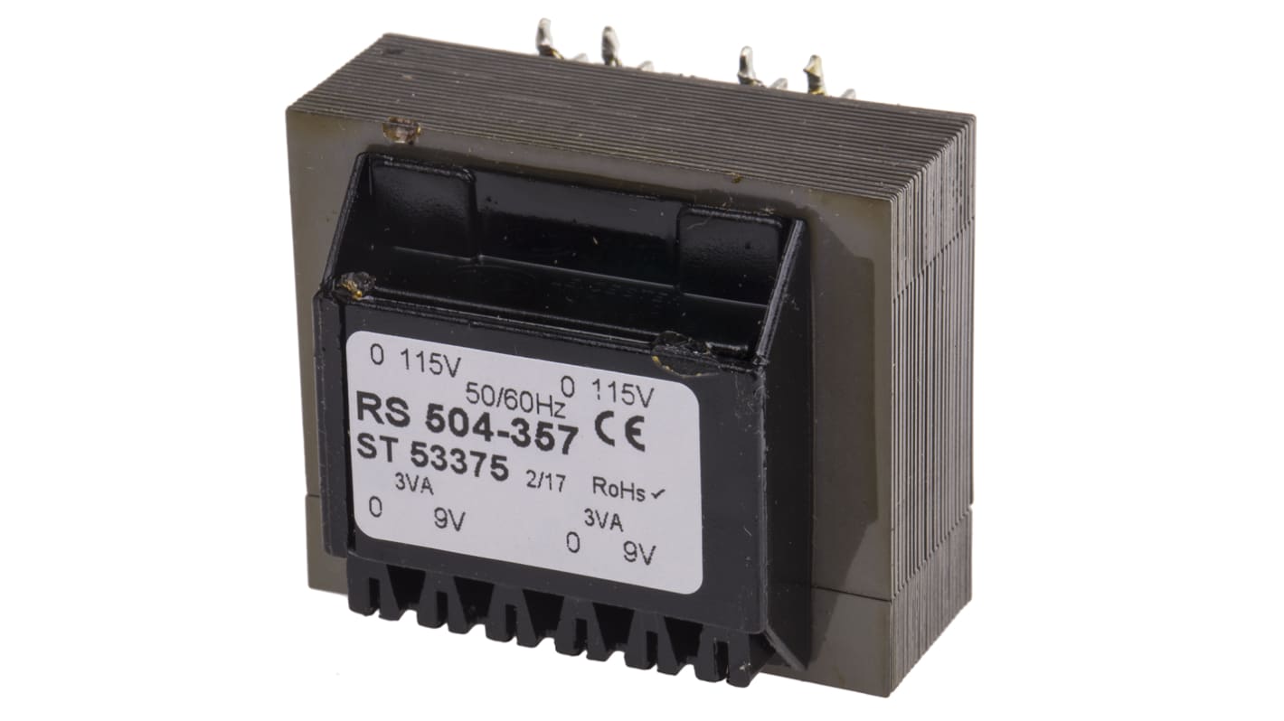 Transformer til printkort, Primær: 115 V ac, 230 V ac, 6VA, 2 Udgange, Sekundær: 9V ac, Hulmontering, 43 x 36 x 33mm