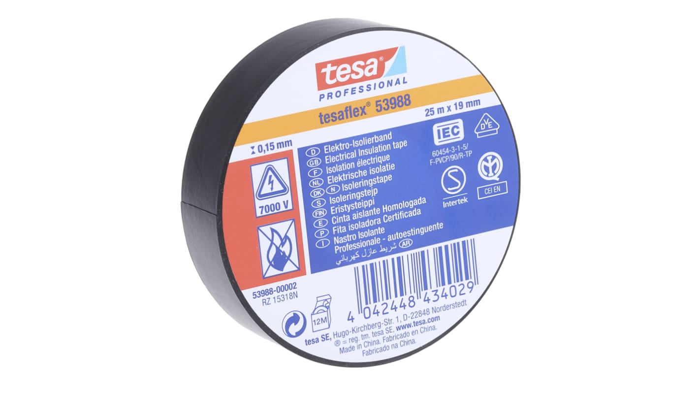 Tesa Isoleringstape, Sort 5000V PVC, 19mm x 25m, Tykkelse: 0.15mm 53988