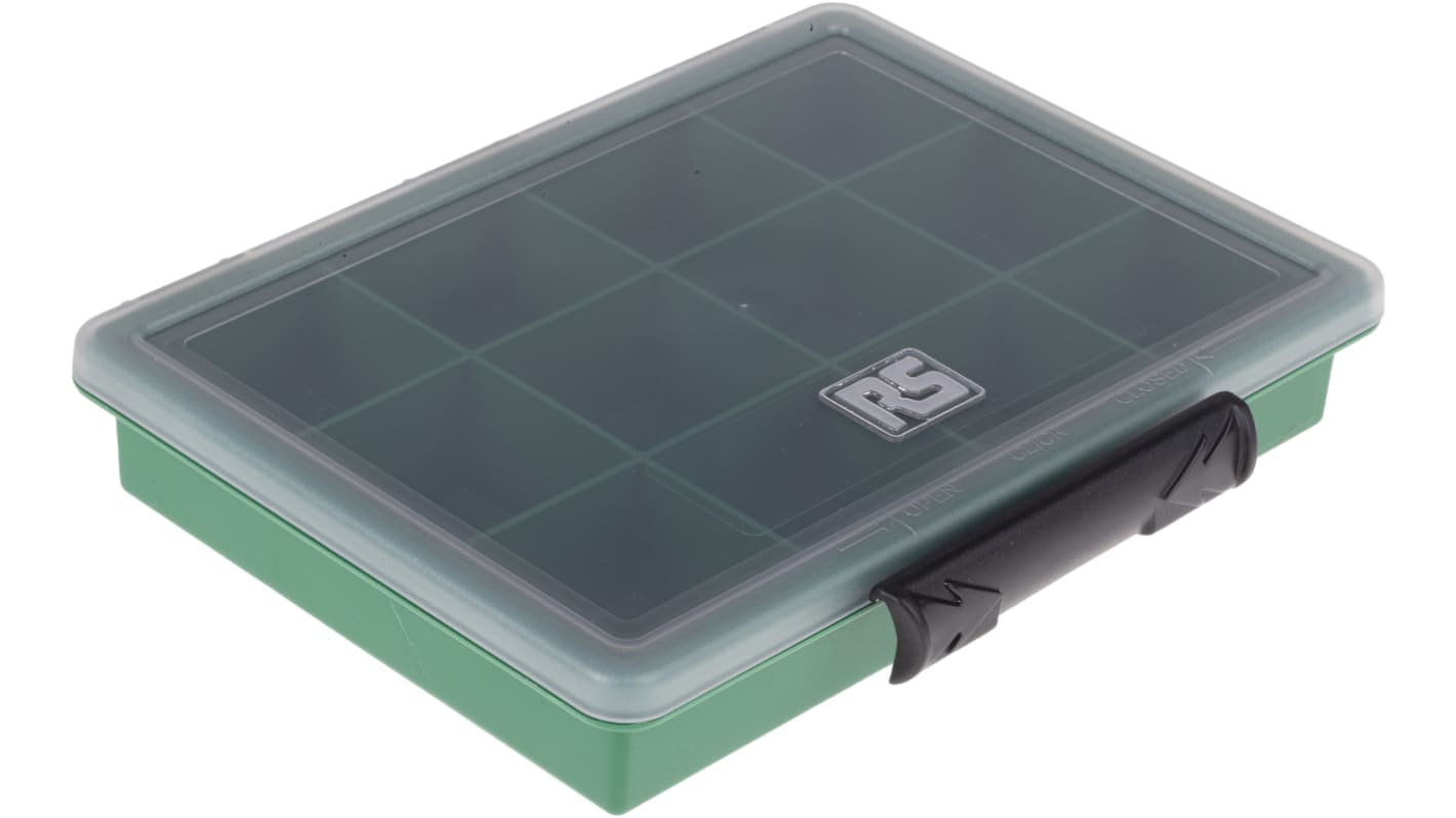 RS PRO 12 Cell Green PP Compartment Box, 32mm x 175mm x 143mm