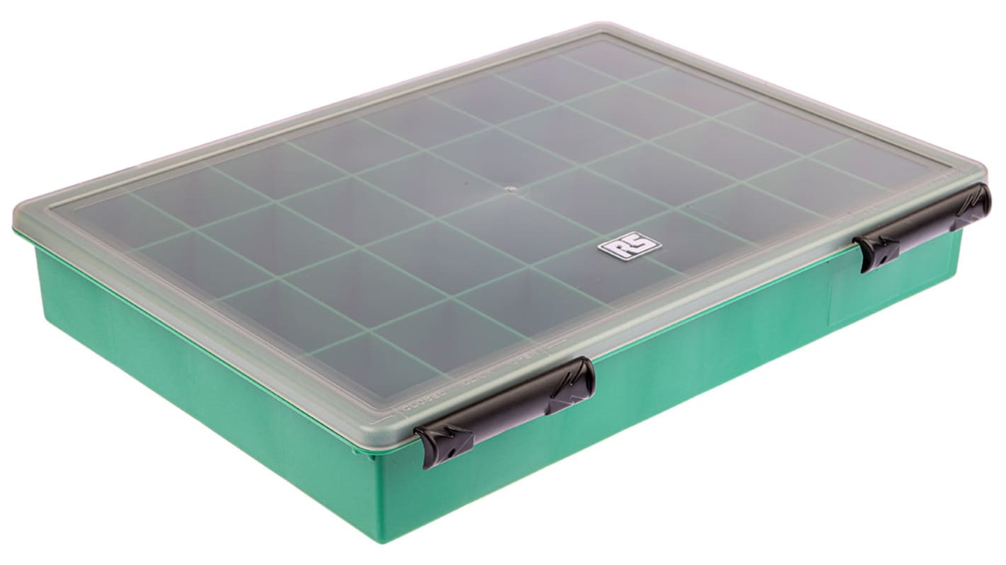 RS PRO 32 Cell Green PP Compartment Box, 57mm x 338mm x 260mm