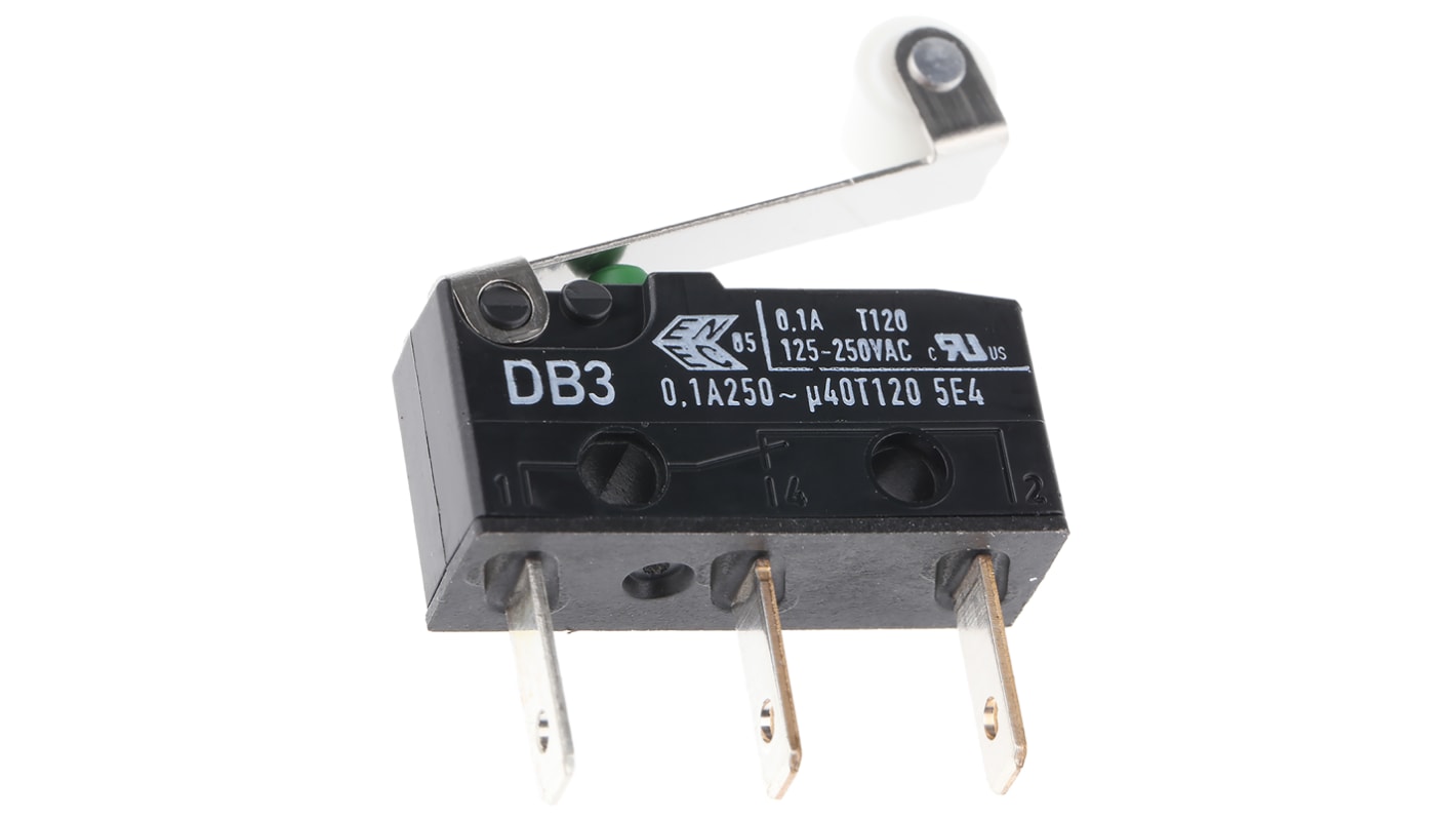 ZF Roller Lever Micro Switch, Tab Terminal, 100 mA @ 30 V dc, SPDT