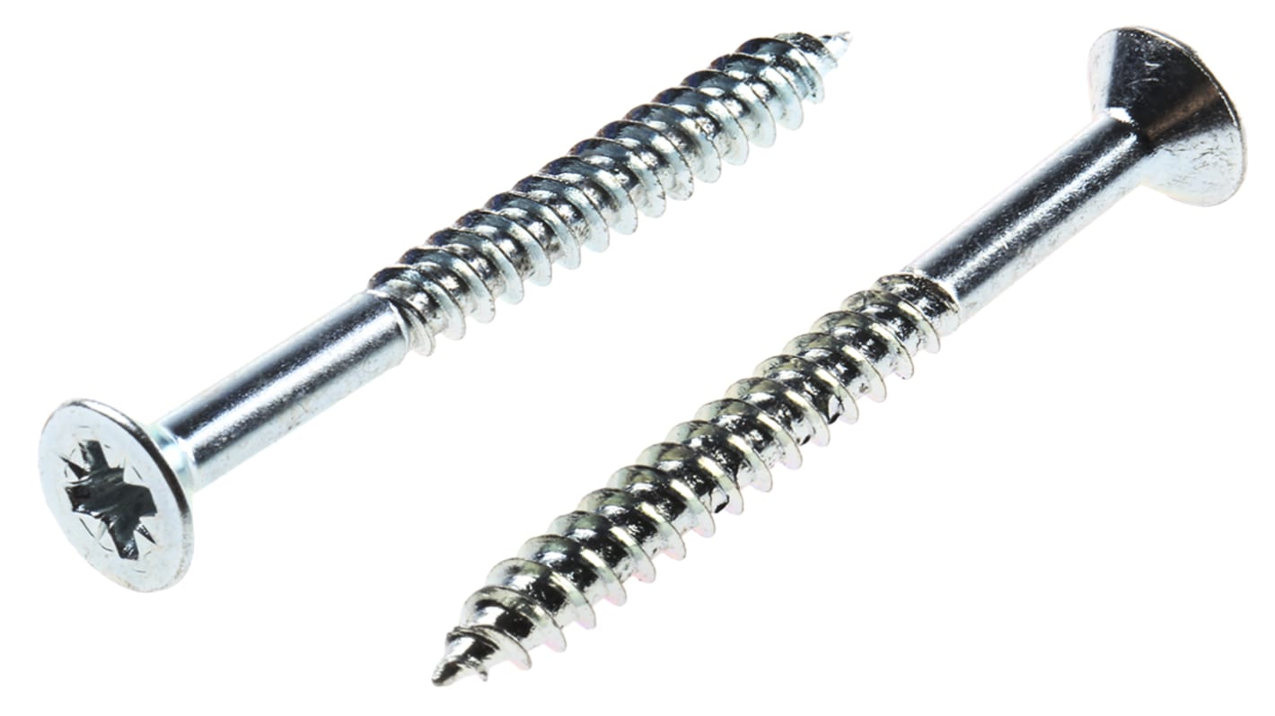 RS PRO Pozidriv Countersunk Steel Wood Screw Bright Zinc Plated, No. 8 Thread, 1.3/4in Length