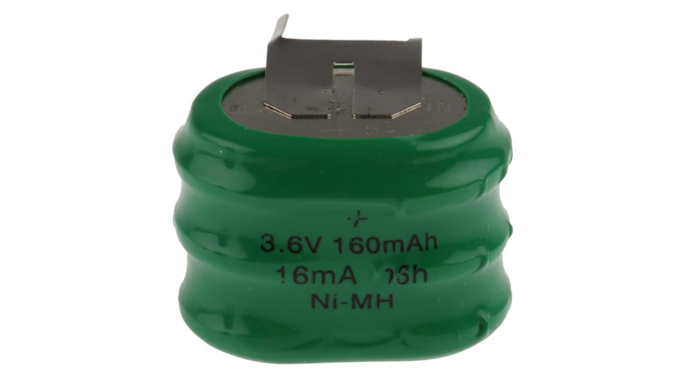 Pila de botón recargable NiMH, 3.6V, 160mAh, terminal tipo pin