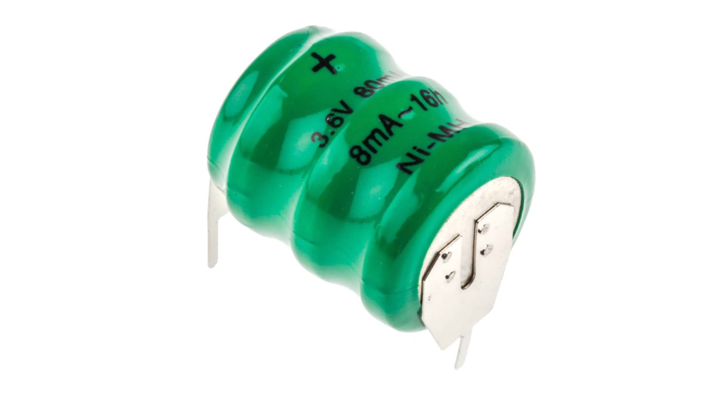 Pila de botón recargable NiMH, 3.6V, 80mAh, terminal tipo pin