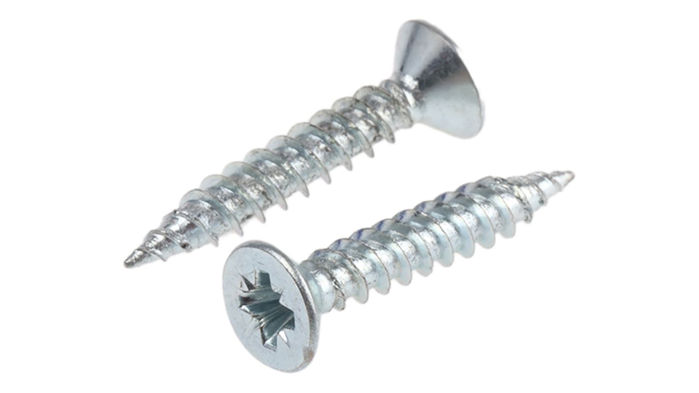 RS PRO Pozidriv Countersunk Steel Wood Screw, Bright Zinc Plated, No. 8 Thread, 1in Length