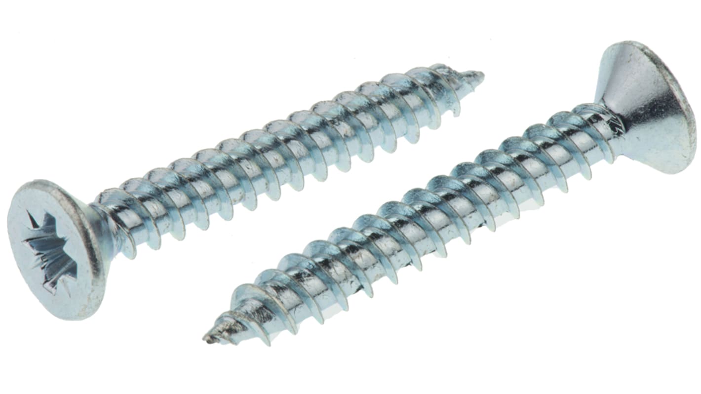 RS PRO Pozidriv Countersunk Steel Wood Screw, Bright Zinc Plated, No. 8 Thread, 1.1/4in Length