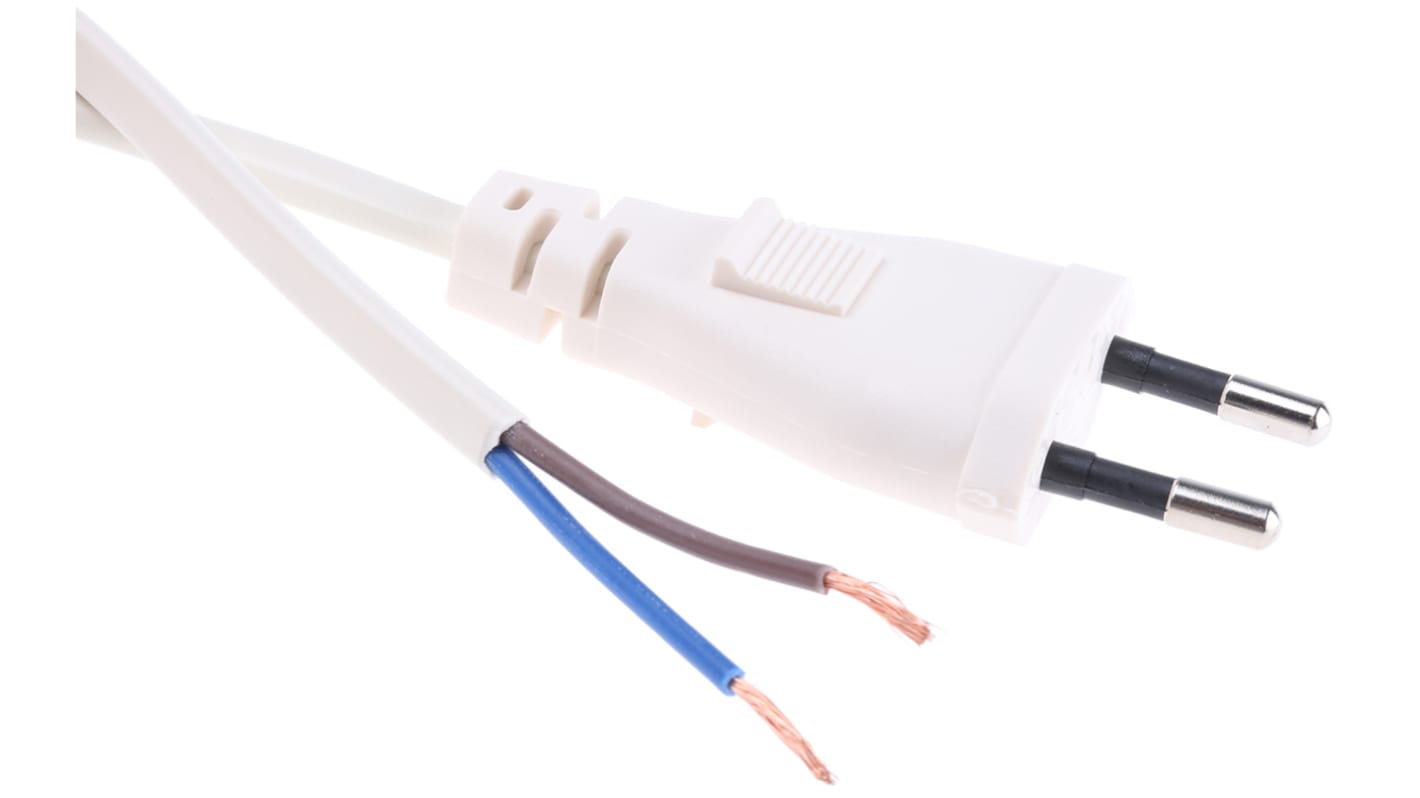 Cable de alimentación RS PRO Blanco de 2m, con. A Sin terminación, con. B Conector macho europeo tipo C, macho, 250 V /